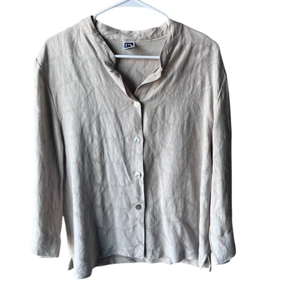 PA Company Beige Button Down Linen Blend Shirt Blouse Sz L Embroidered Women's